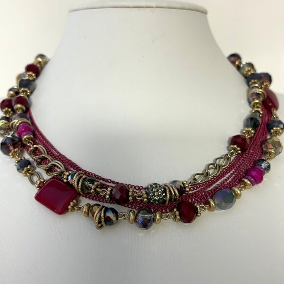 Premier Designs Multi-Strand Beaded Necklace Burgundy Purple Gold Tone Beads - Picture 1 of 6